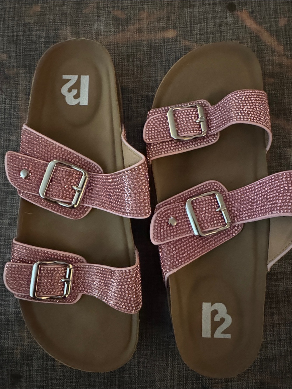 R2 Pink Sparkle Double Buckle Slide Sandals